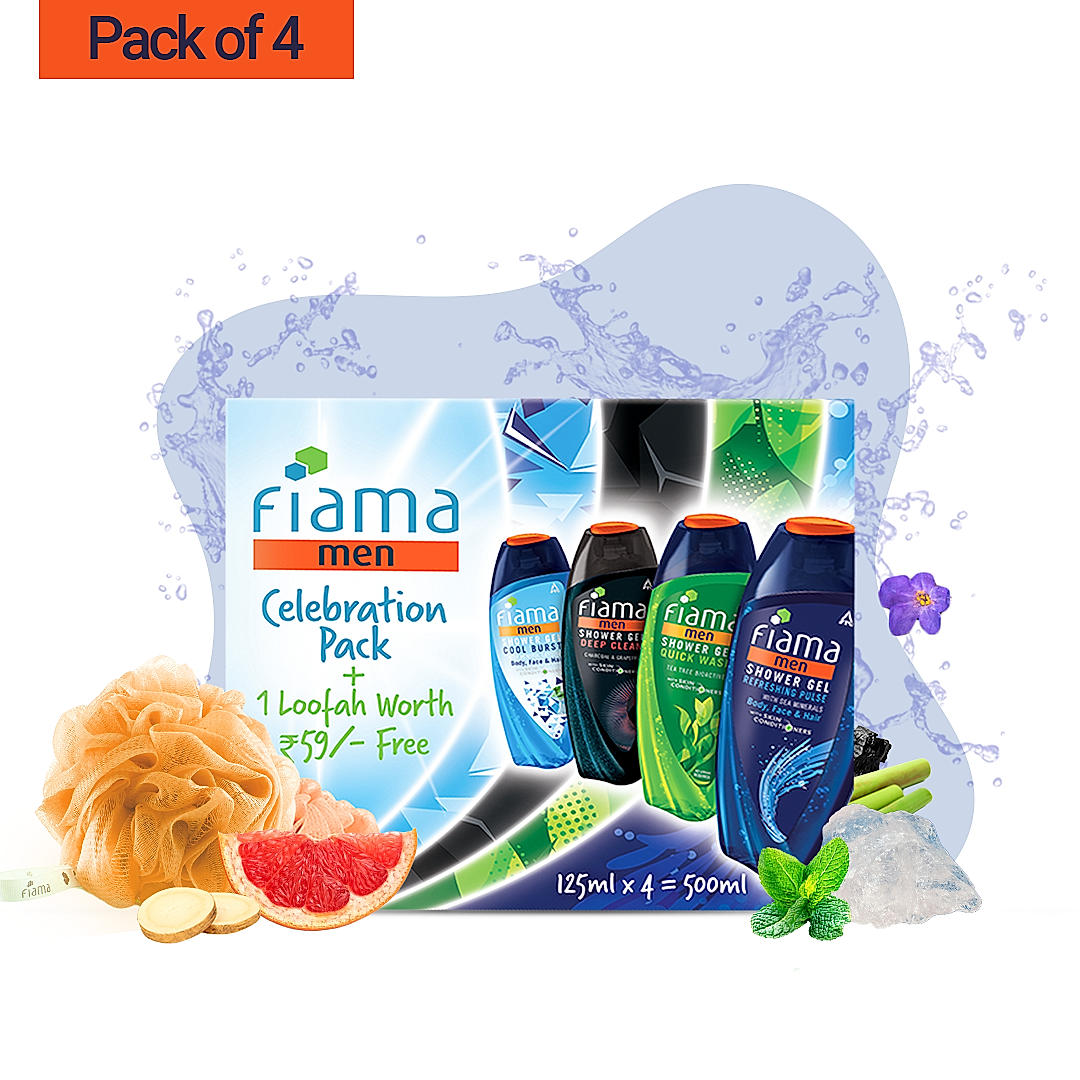 Shower Gel Men Celebration Pack, 125ml (Pack of 4) + Loofah-2 Shower Gel Men Celebration Pack, 125ml (Pack of 4) + Loofah-2