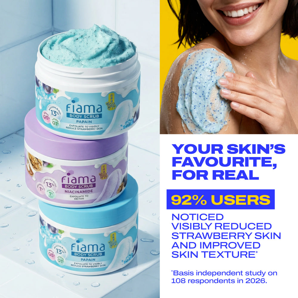 Fiama Strawberry Skin Exfoliating Body Scrub 200g, 0.5% Papain Enzyme + 0.1% Caffeine, Chemical + Physical Exfoliation, 13% Polishing Blend, Reduces Keratosis Pilaris, Refreshing Aqua Fragrance Fiama Strawberry Skin Exfoliating Body Scrub 200g, 0.5% Papain Enzyme + 0.1% Caffeine, Chemical + Physical Exfoliation, 13% Polishing Blend, Reduces Keratosis Pilaris, Refreshing Aqua Fragrance