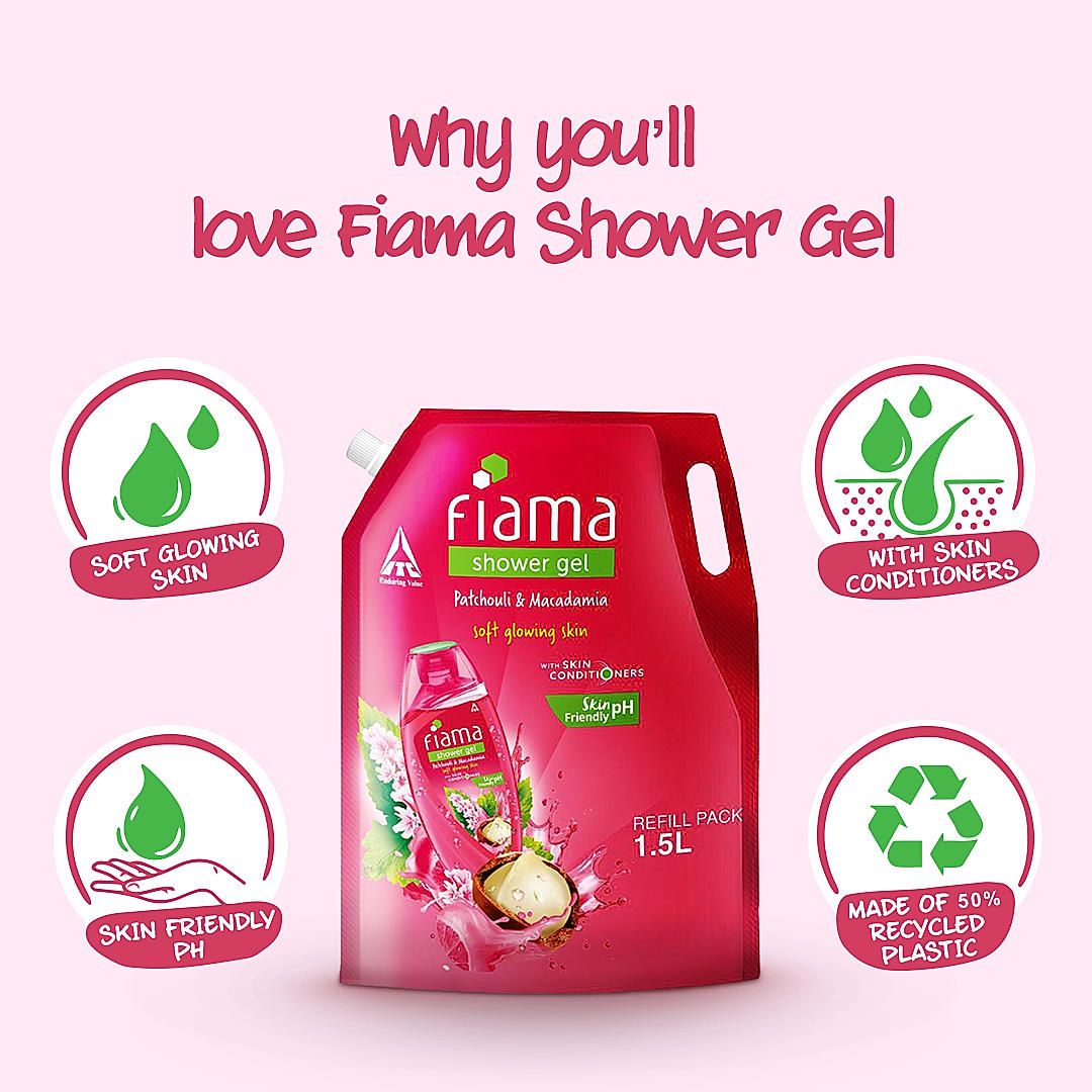 Fiama Shower Gel Patchouli & Macadamia, Body Wash with Skin Conditioners for Soft Glowing Skin, 1.5L pouch-3