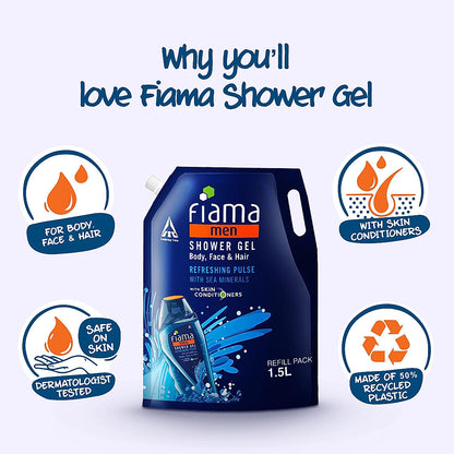 Fiama Men Shower Gel Refreshing Pulse, Body Wash with Skin Conditioners for Refreshed Skin, 1.5L pouch-3