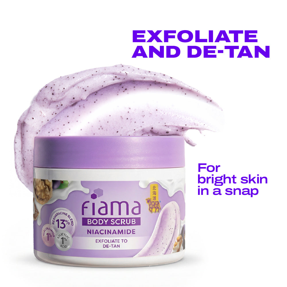 Fiama Detan Body Scrub 200g, 1% Niacinamide + 1% Salicylic Acid, Chemical + Physical Exfoliation, 13% Resurfacing Blend, Sun-Tan Removal & Instant Brightness, Gourmet Fragrance