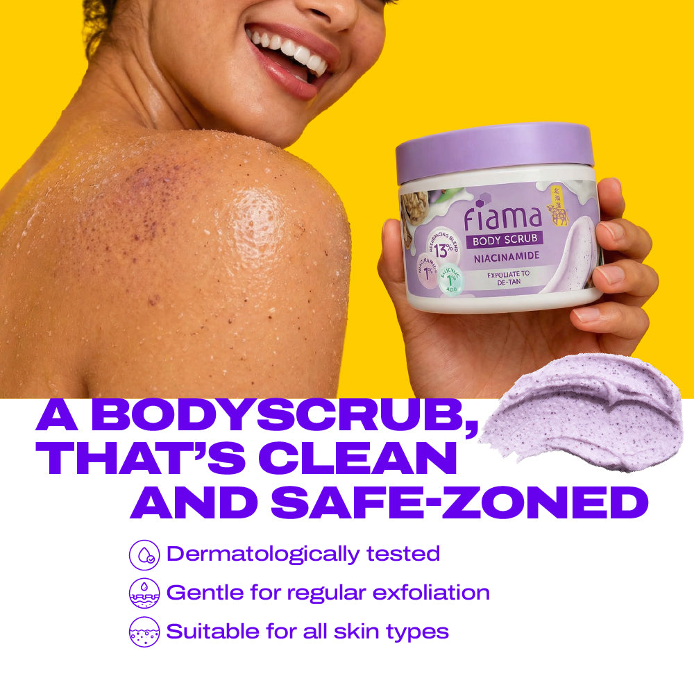 Fiama Detan Body Scrub 200g, 1% Niacinamide + 1% Salicylic Acid, Chemical + Physical Exfoliation, 13% Resurfacing Blend, Sun-Tan Removal & Instant Brightness, Gourmet Fragrance