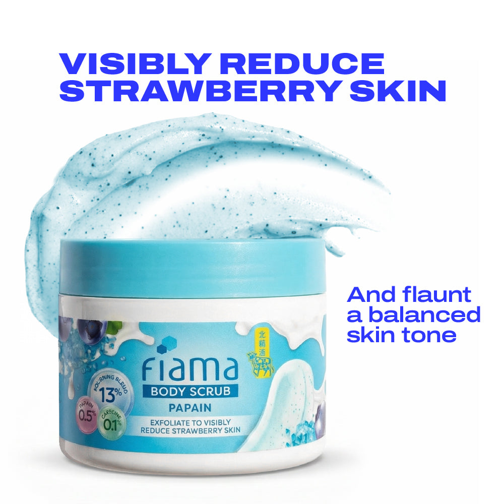 Fiama Strawberry Skin Exfoliating Body Scrub 200g, 0.5% Papain Enzyme + 0.1% Caffeine, Chemical + Physical Exfoliation, 13% Polishing Blend, Reduces Keratosis Pilaris, Refreshing Aqua Fragrance