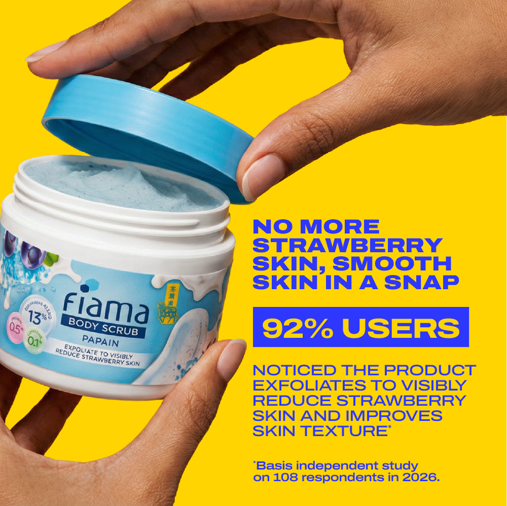 Fiama Strawberry Skin Exfoliating Body Scrub 200g, 0.5% Papain Enzyme + 0.1% Caffeine, Chemical + Physical Exfoliation, 13% Polishing Blend, Reduces Keratosis Pilaris, Refreshing Aqua Fragrance